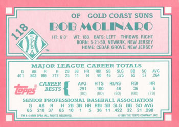 1989 Topps Senior League #118 Bob Molinaro Back