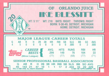 1989 Topps Senior League #20 Ike Blessitt Back