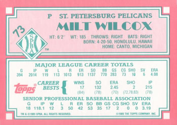 1989 Topps Senior League #73 Milt Wilcox Back