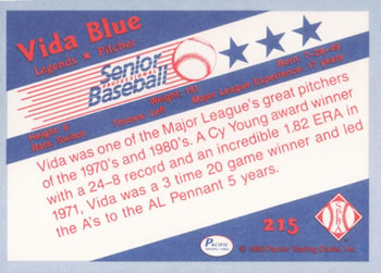1990 Pacific Senior League #215 Vida Blue Back