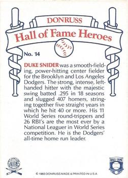 2014 Panini Hall of Fame 75th Year Anniversary - Heroes Buyback Autographs #14 Duke Snider Back