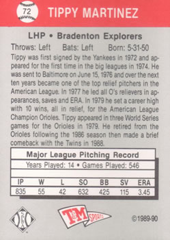 1989-90 T&M Senior League #72 Tippy Martinez Back