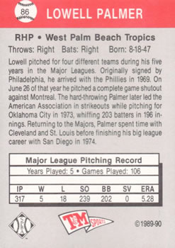 1989-90 T&M Senior League #86 Lowell Palmer Back