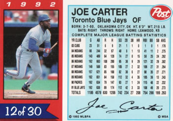 1992 Post Cereal #12 Joe Carter Back