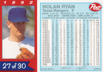 1992 Post Cereal #27 Nolan Ryan Back