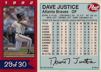 1992 Post Cereal #29 Dave Justice Back