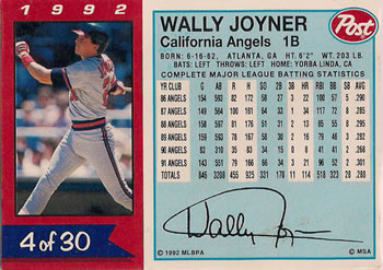 1992 Post Cereal #4 Wally Joyner Back