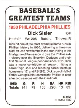 1987 TCMA 1950 Philadelphia Phillies #8 Dick Sisler Back