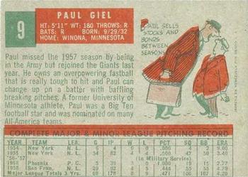 1959 Topps Venezuelan #9 Paul Giel Back