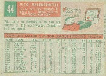 1959 Topps Venezuelan #44 Vito Valentinetti Back