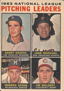 1964 Topps Venezuelan #3 1963 National League Pitching Leaders (Sandy Koufax / Juan Marichal / Warren Spahn / Jim Maloney) Front