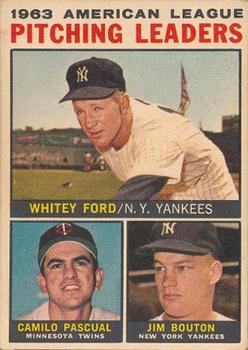 1964 Topps Venezuelan #4 1963 American League Pitching Leaders (Whitey Ford / Camilo Pascual / Jim Bouton) Front