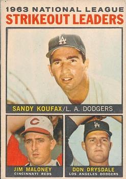 1964 Topps Venezuelan #5 1963 National League Strikeout Leaders (Sandy Koufax / Jim Maloney / Don Drysdale) Front