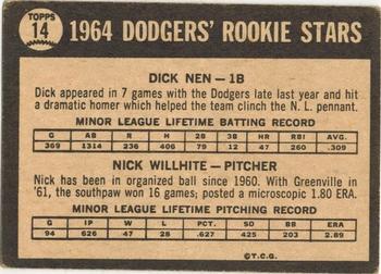 1964 Topps Venezuelan #14 Dodgers 1964 Rookie Stars (Dick Nen / Nick Willhite) Back