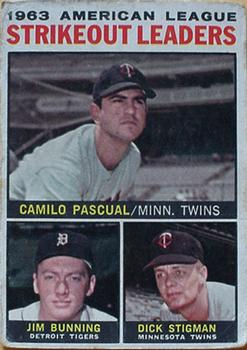 1964 Topps Venezuelan #6 1963 American League Strikeout Leaders (Camilo Pascual / Jim Bunning / Dick Stigman) Front