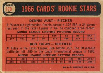1966 Topps Venezuelan #179 Cards 1966 Rookie Stars (Dennis Aust / Bob Tolan) Back