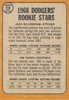 1968 Topps Venezuelan #228 Dodgers 1968 Rookie Stars (Jack Billingham / Jim Fairey) Back