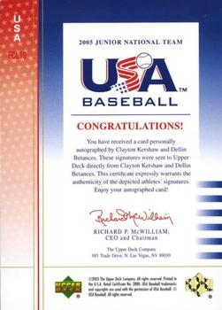 2005 Upper Deck USA Baseball Junior National Team - Future Category Leaders Dual Signature Black #USA FCL10 Clayton Kershaw / Dellin Betances Back