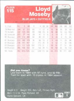 1985 Fleer #115 Lloyd Moseby Back