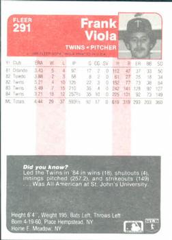 1985 Fleer #291 Frank Viola Back