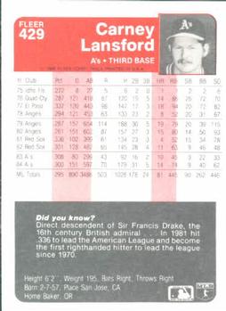 1985 Fleer #429 Carney Lansford Back