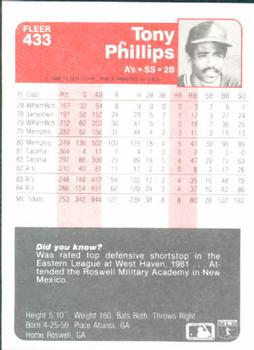 1985 Fleer #433 Tony Phillips Back