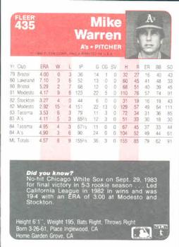 1985 Fleer #435 Mike Warren Back