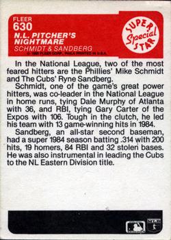 1985 Fleer #630 N.L. Pitcher's Nightmare (Mike Schmidt / Ryne Sandberg) Back