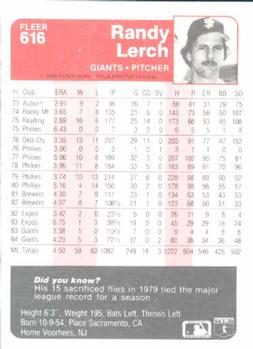 1985 Fleer #616 Randy Lerch Back