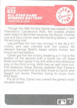 1985 Fleer #632 All-Star Game Winning Battery (Gary Carter / Charlie Lea) Back