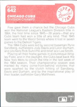 1985 Fleer #642 Chicago Cubs -- Division Champs Back