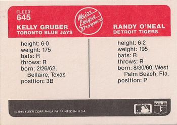 1985 Fleer #645 Kelly Gruber / Randy O'Neal Back