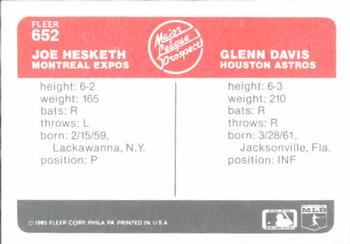 1985 Fleer #652 Joe Hesketh / Glenn Davis Back