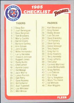 1985 Fleer #654 Checklist: Tigers / Padres / Cubs / Mets Front