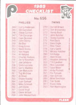 1985 Fleer #656 Checklist: Royals / Cardinals / Phillies / Twins Back