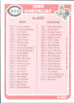 1985 Fleer #659 Checklist: Mariners / White Sox / Reds / Rangers Back