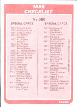 1985 Fleer #660 Checklist: Brewers / Giants / Special Cards Back