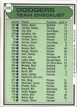 1979 Topps - Team Checklists #526 Los Angeles Dodgers / Tom Lasorda Back