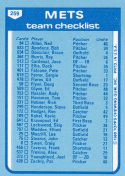 1980 Topps - Team Checklists #259 New York Mets / Joe Torre Back