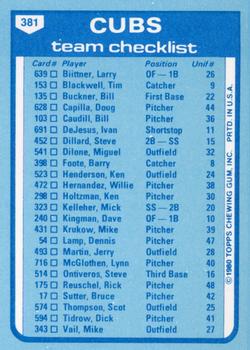 1980 Topps - Team Checklists #381 Chicago Cubs / Preston Gomez Back