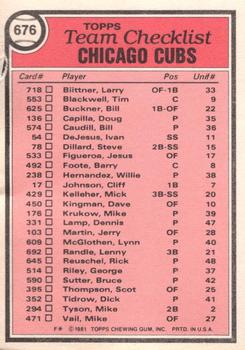 1981 Topps - Team Checklists #676 Chicago Cubs / Joe Amalfitano Back