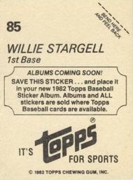 1982 Topps - Coming Soon Stickers #85 Willie Stargell Back