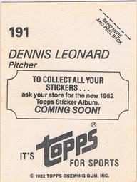1982 Topps - Coming Soon Stickers #191 Dennis Leonard Back