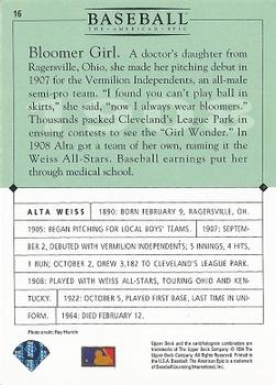 1994 Upper Deck Baseball: The American Epic #16 Alta Weiss Back