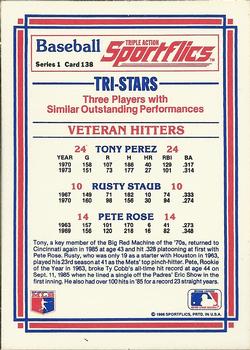 1986 Sportflics #138 Veteran Hitters (Tony Perez / Pete Rose / Rusty Staub) Back