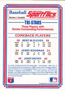 1986 Sportflics #64 Comeback Players (Bert Blyleven / John Denny / Jerry Koosman) Back