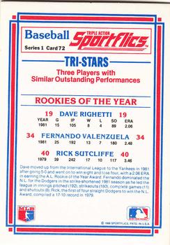 1986 Sportflics #72 Rookies of the Year (Dave Righetti / Rick Sutcliffe / Fernando Valenzuela) Back