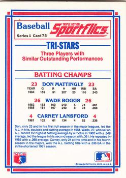1986 Sportflics #75 Batting Champs (Wade Boggs / Carney Lansford / Don Mattingly) Back