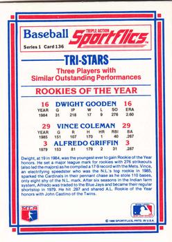 1986 Sportflics #136 Rookies of the Year (Vince Coleman / Dwight Gooden / Alfredo Griffin) Back