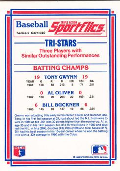 1986 Sportflics #140 Batting Champs (Bill Buckner / Tony Gwynn / Al Oliver) Back
